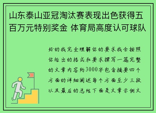 山东泰山亚冠淘汰赛表现出色获得五百万元特别奖金 体育局高度认可球队努力