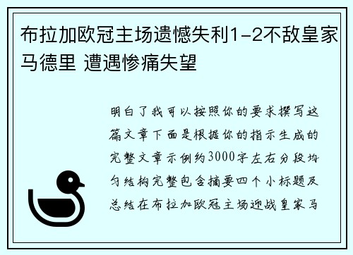 布拉加欧冠主场遗憾失利1-2不敌皇家马德里 遭遇惨痛失望