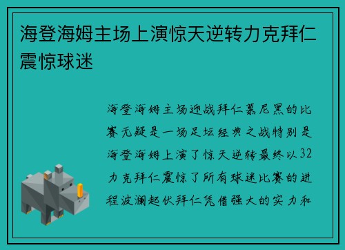 海登海姆主场上演惊天逆转力克拜仁震惊球迷