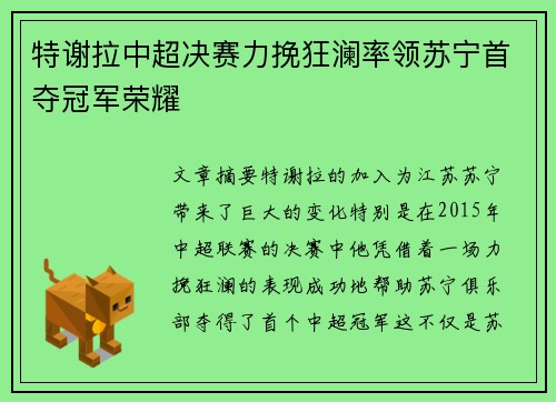 特谢拉中超决赛力挽狂澜率领苏宁首夺冠军荣耀